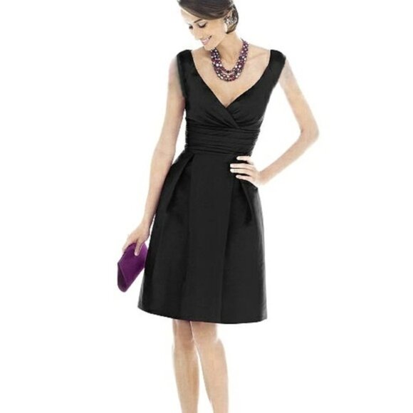 Alfred Sung A Line Satin V Neck Cocktail Dress w Pockets Peau De Soie Size 0 - Picture 1 of 15